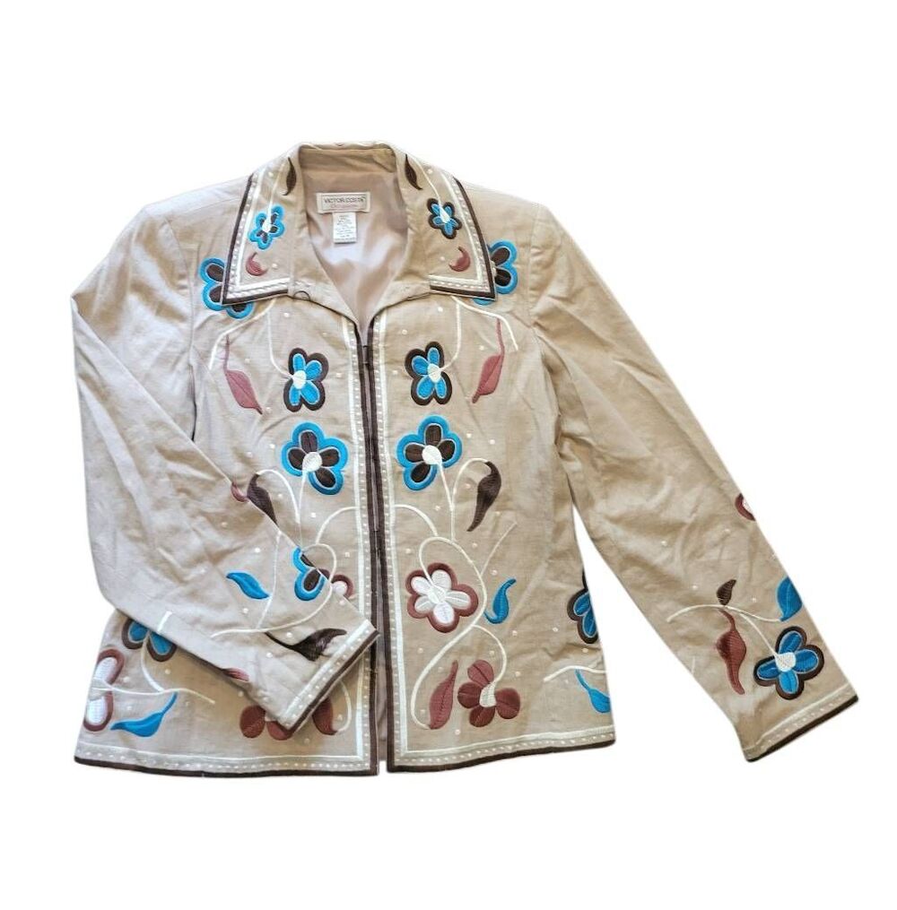 Victor Costa Occasion Blazer Jacket Women's Medium Tan Embroidered Floral Linen